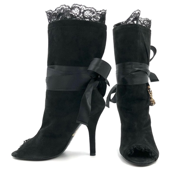 Dolce and Gabbana Black Suede Charm Tie Around Peep Toe Ankle Boots - Picture 3 of 11